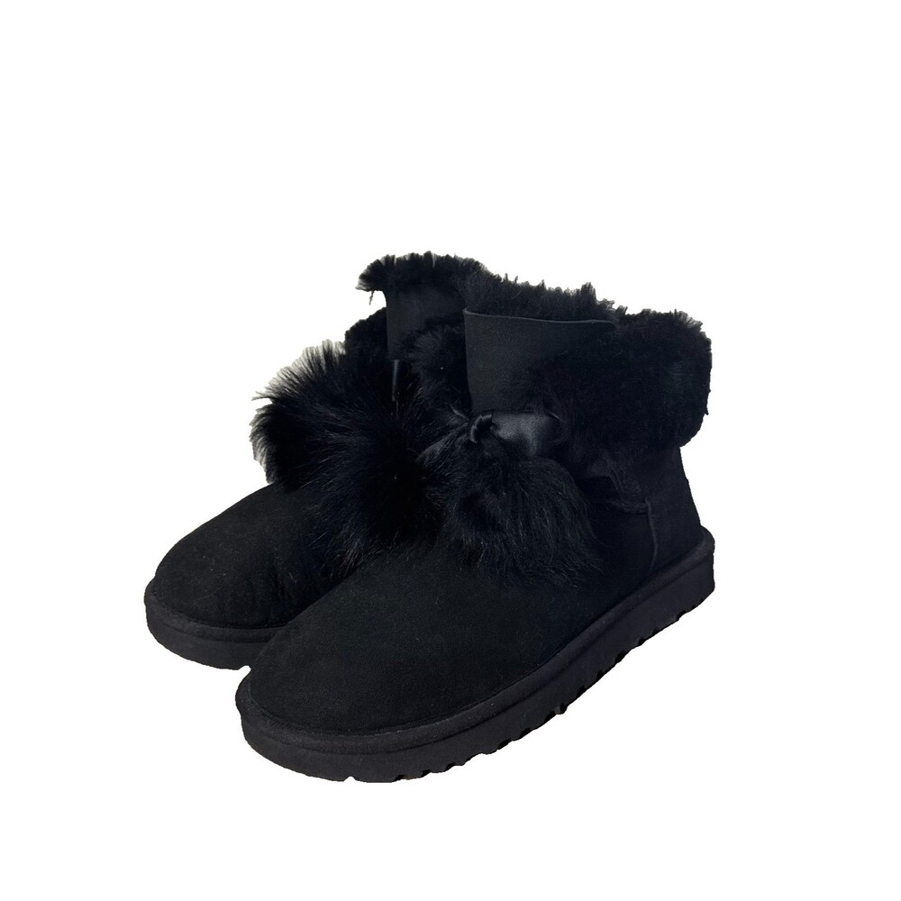 UGG Black Suede Fur Boots Women 9 Fluffy Pom Pom Cozy Winter Ankle Booties